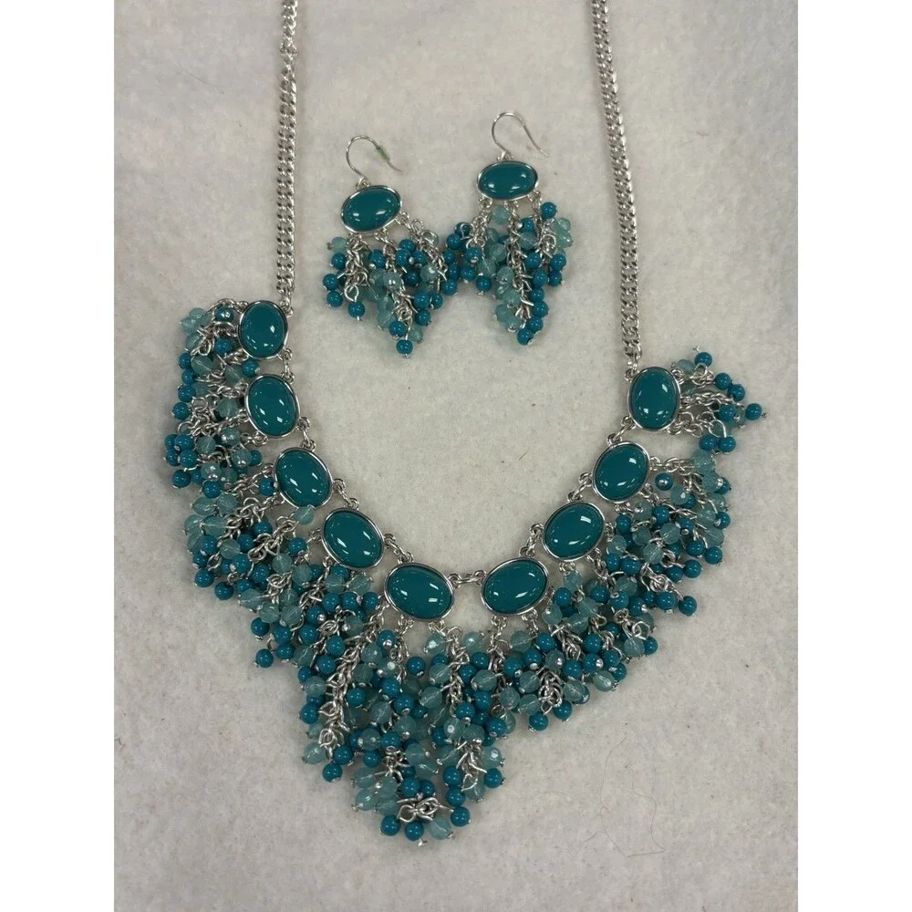 Teal Aqua Beaded Fringe Bib Necklace Earrings Set Silver Tone Statement 24in